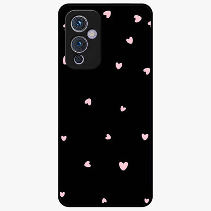 Pink Love Drops Glass Case showing flat back view with playful pink heart drops artwork and glossy glass finish.