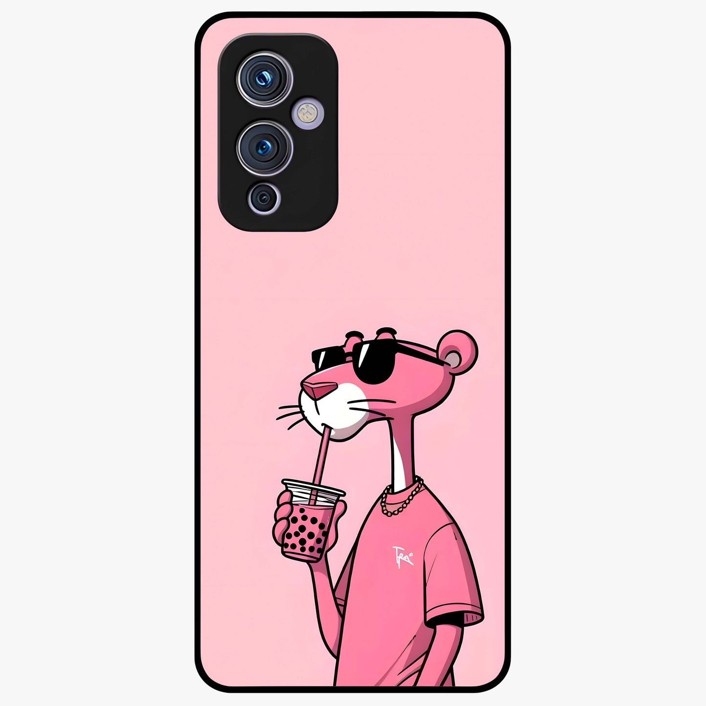 Pink Panther Glass Case showing flat back view with iconic pink panther artwork and glossy glass finish.