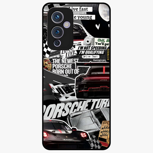 Porsche Racing Collage Glass Case showing flat back view with sports car racing collage artwork and glossy glass finish.