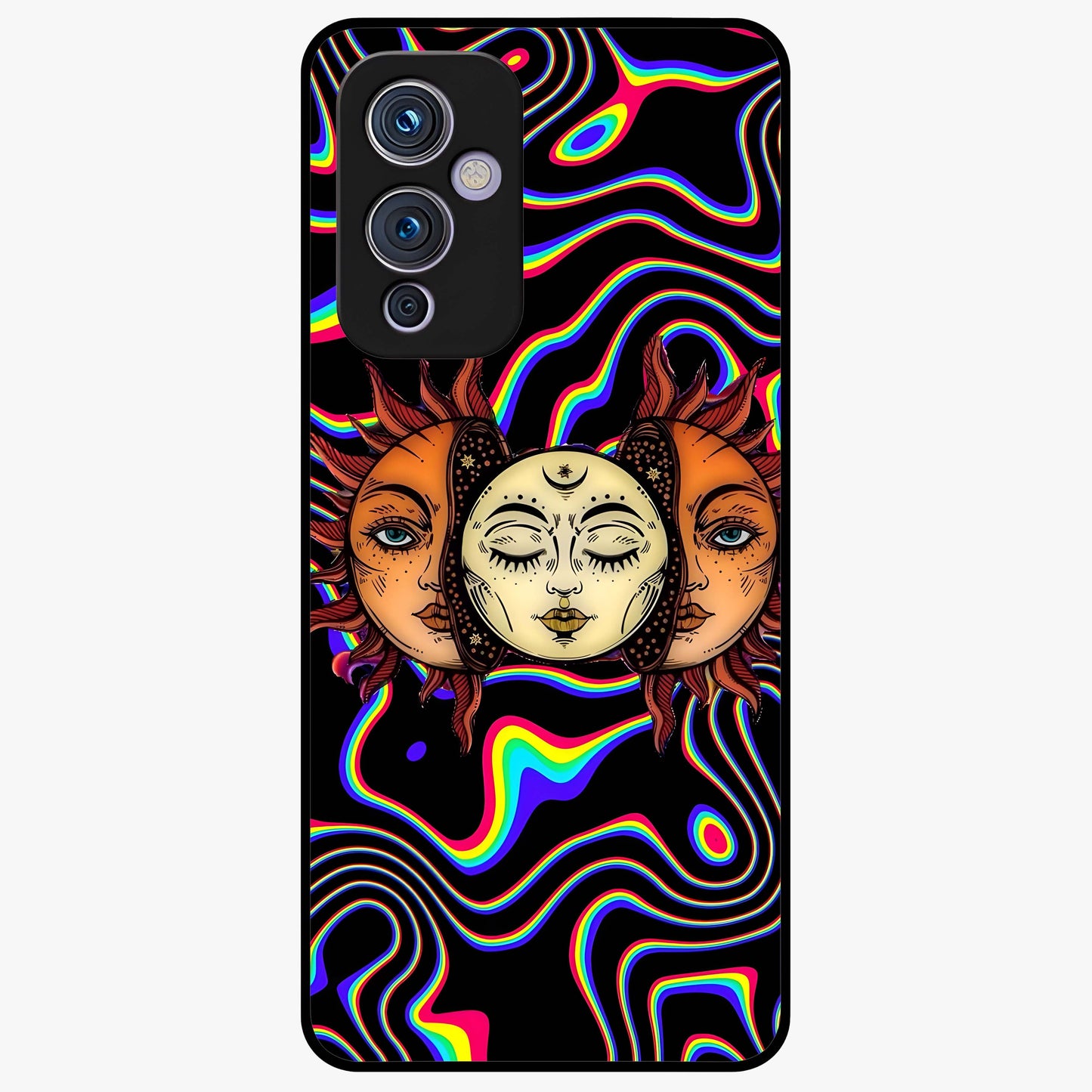 Psychedelic Sun Glass Case showing flat back view with colorful psychedelic sun artwork and glossy glass finish.