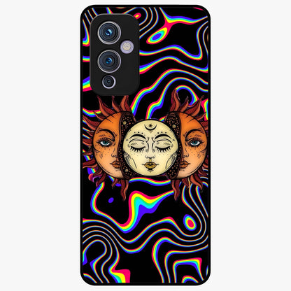 Psychedelic Sun Glass Case showing flat back view with colorful psychedelic sun artwork and glossy glass finish.
