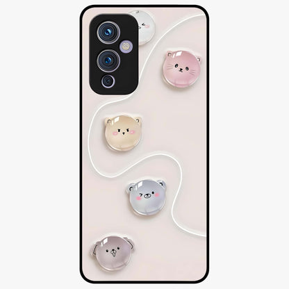 Puffy Face Parade Glass Case showing flat back view with cute puffy character faces artwork and glossy glass finish.
