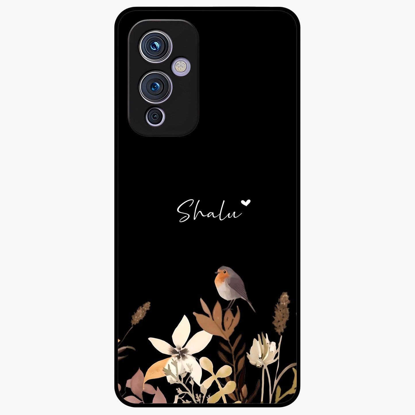 Quiet Garden Tune Custom Name Glass Case showing flat back view with peaceful garden artwork and personalized name design.