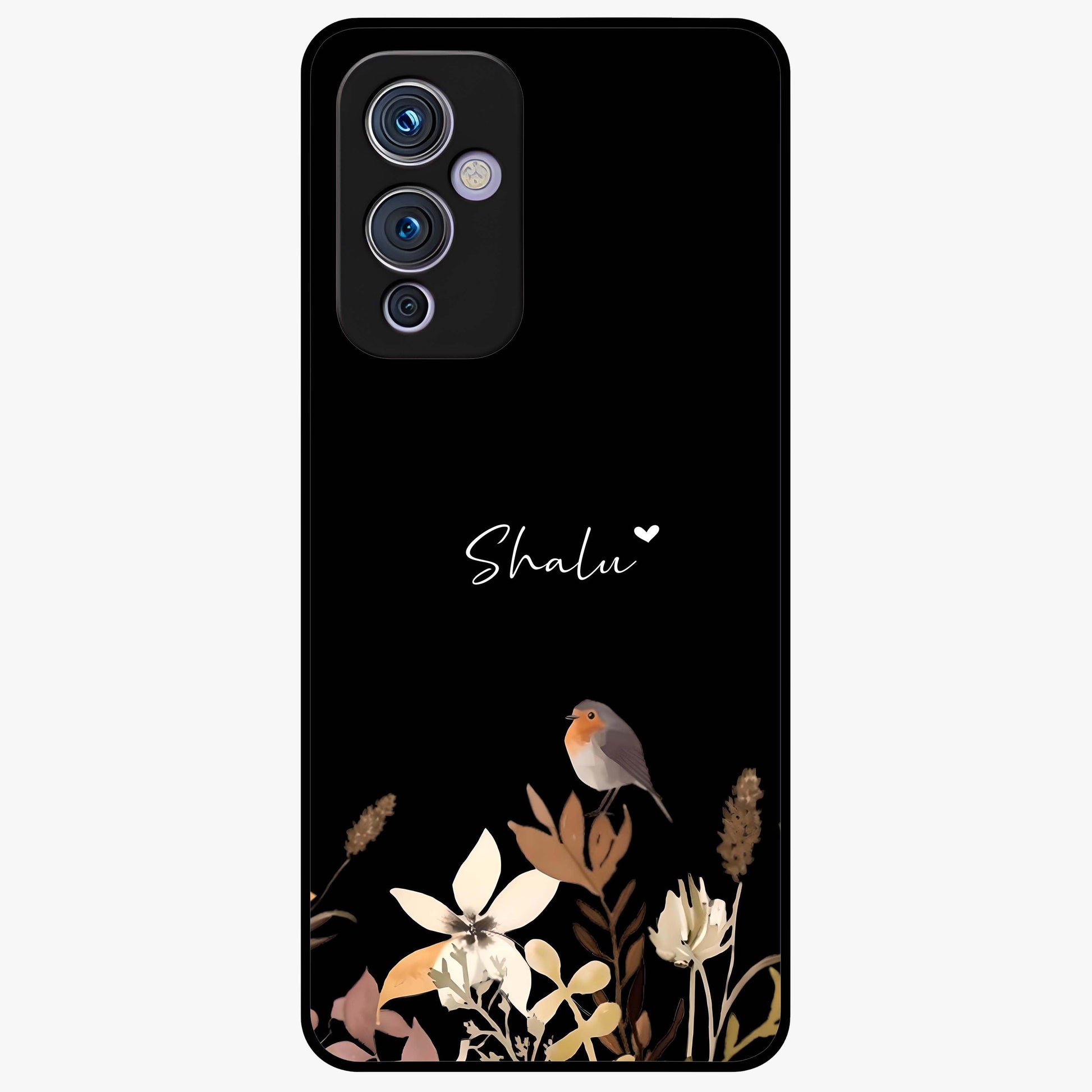 Quiet Garden Tune Custom Name Glass Case showing flat back view with peaceful garden artwork and personalized name design.