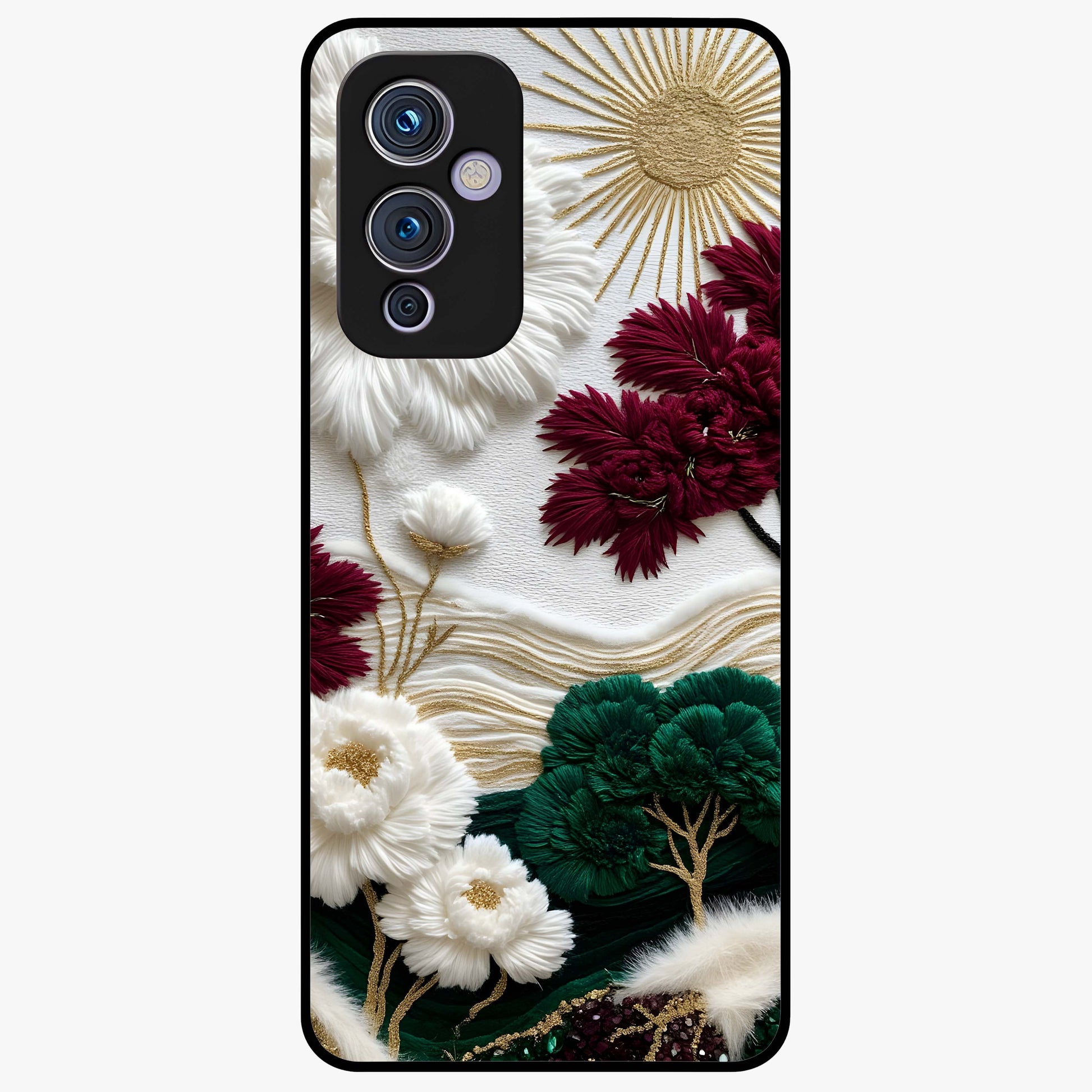 Radiant Bloom Elegance Glass Case showing flat back view with elegant blooming flower artwork and glossy glass finish.