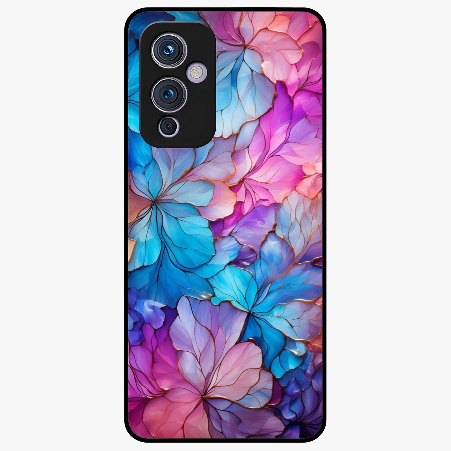 Radiant Floral Whirl Glass Case showing flat back view with swirling floral artwork and glossy glass finish.