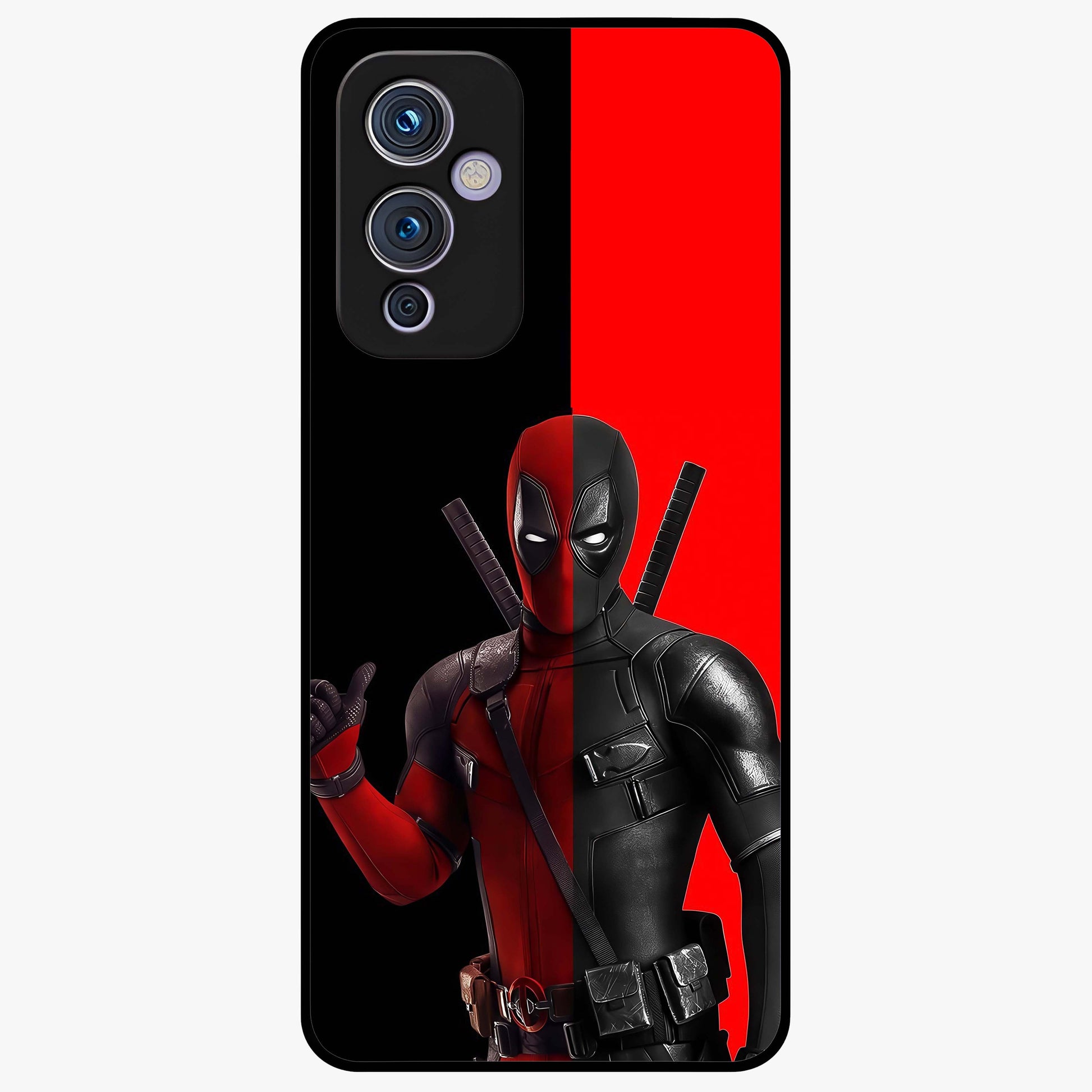 Red & Black Deadpool Theme Glass Case showing flat back view with bold comic inspired artwork and glossy glass finish.