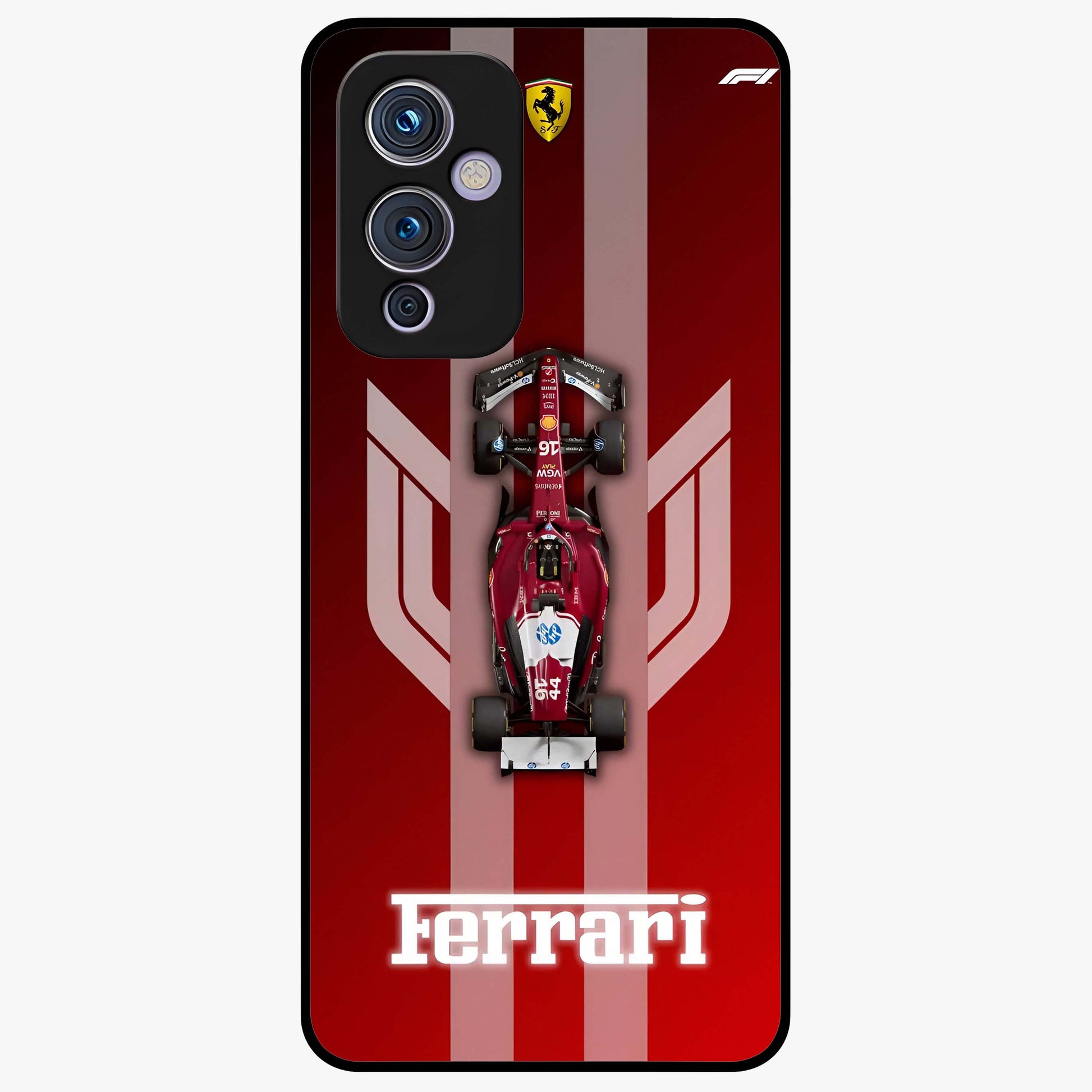 Red Ferrari F1 Vertical Glass Case showing flat back view with sleek Formula racing car artwork and glossy glass finish.