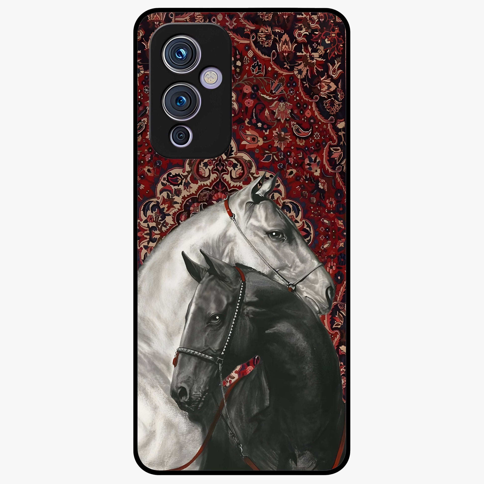 Regal Stallion Tapestry Glass Case showing flat back view with majestic horse tapestry artwork and glossy glass finish.