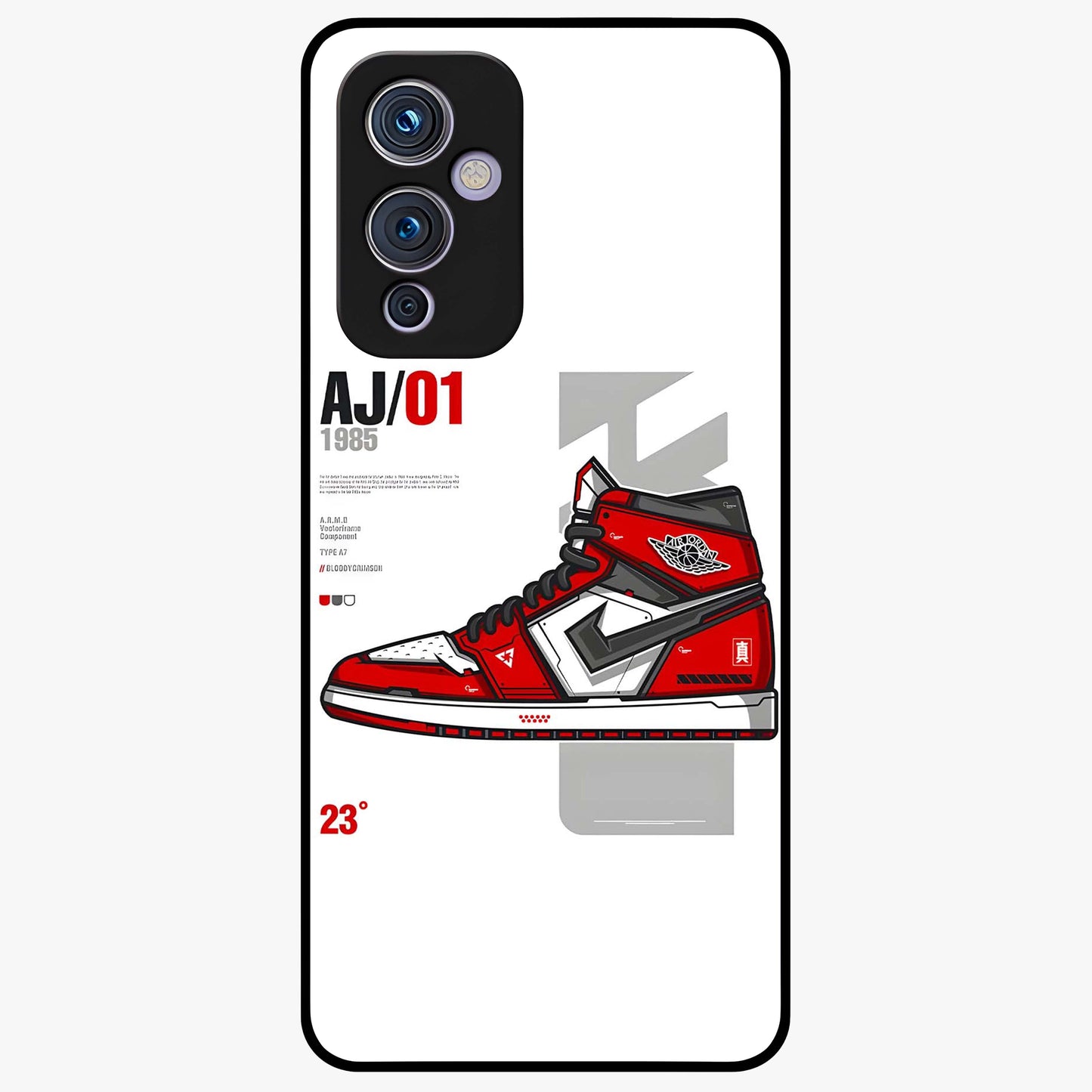 Retro Sneaker Blueprint Glass Case showing flat back view with sneaker blueprint style artwork and glossy glass finish.