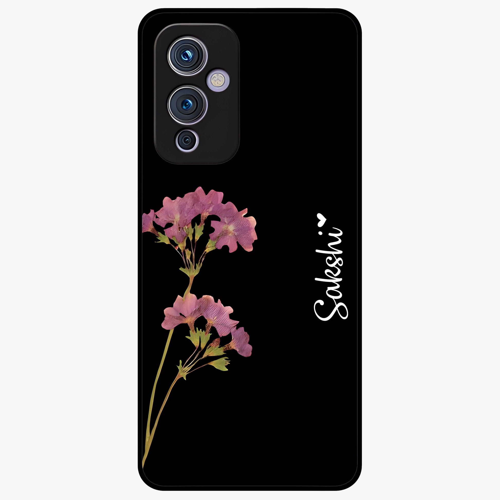 Riching Lavender Flower Custom Name Glass Case showing flat back view with lavender floral artwork and personalized name design.