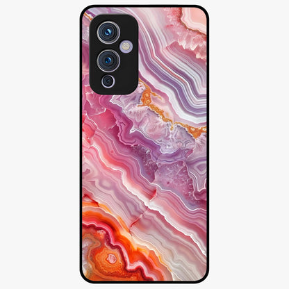 Rose Quartz Marble Glass Case showing flat back view with pink marble quartz texture artwork and glossy glass finish.