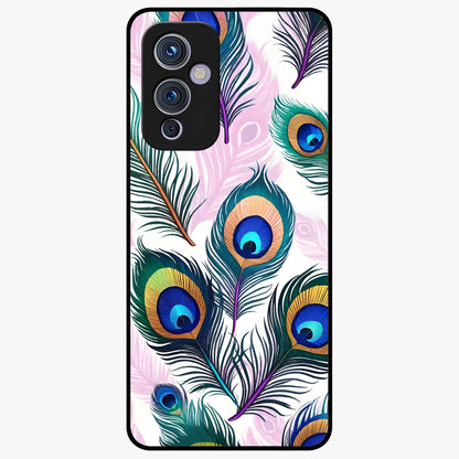 Royal Peacock Feathers Glass Case showing flat back view with colorful peacock feather artwork and glossy glass finish.