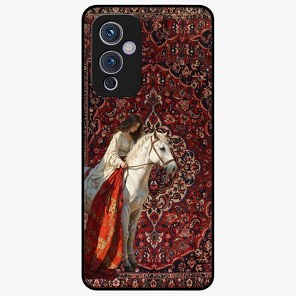 Royal Rider Tapestry Glass Case showing flat back view with majestic horse rider tapestry artwork and glossy glass finish.