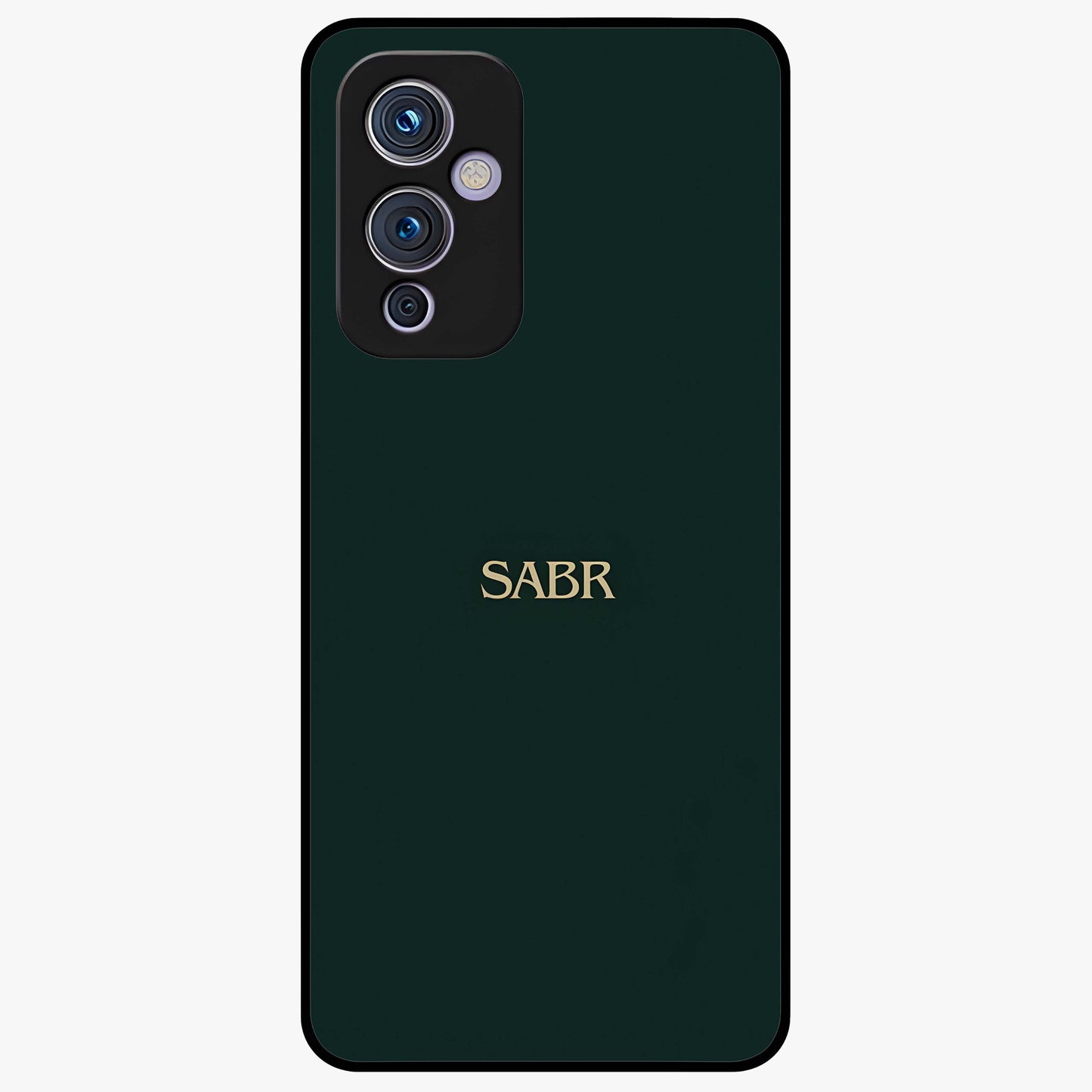 Sabr Minimal Patience Glass Case showing flat back view with minimalist typography artwork and glossy glass finish.