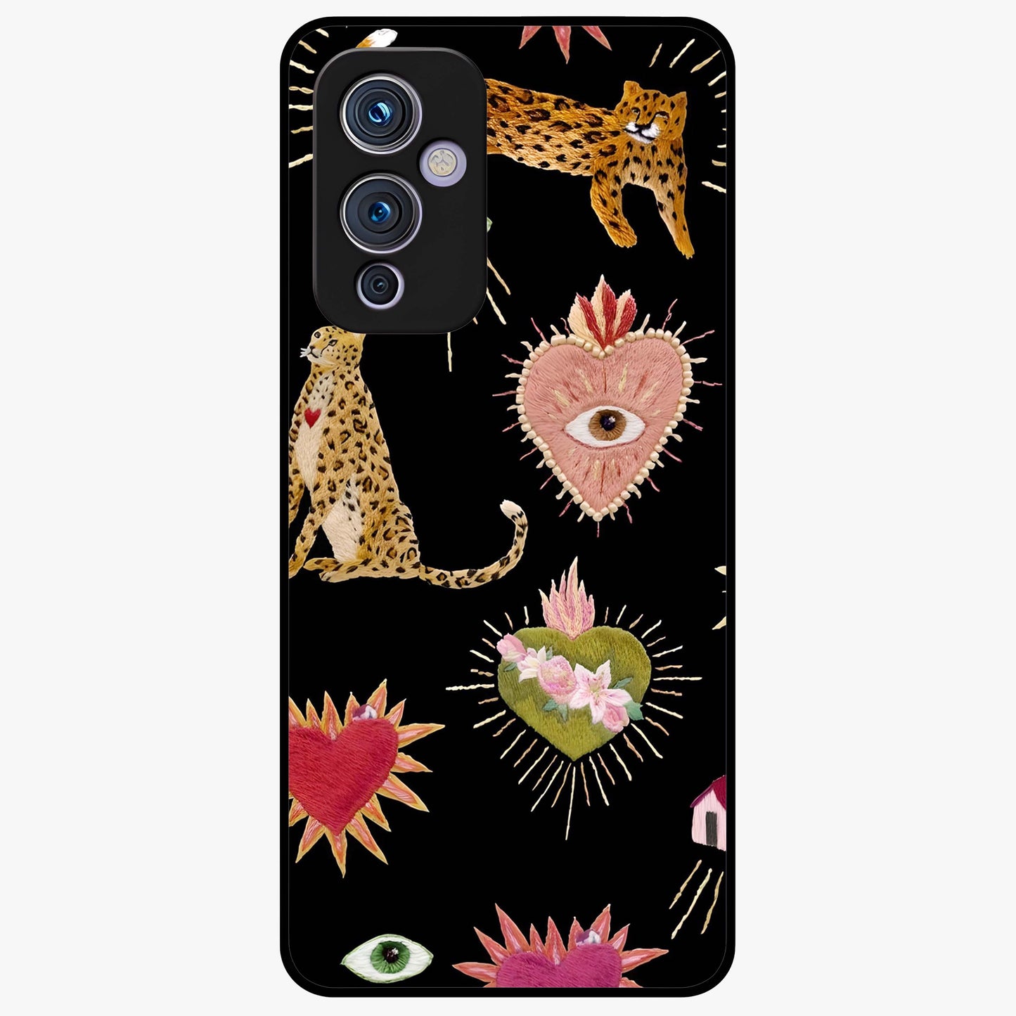 Sacred Jungle Heart Glass Case showing flat back view with jungle inspired heart artwork and glossy glass finish.