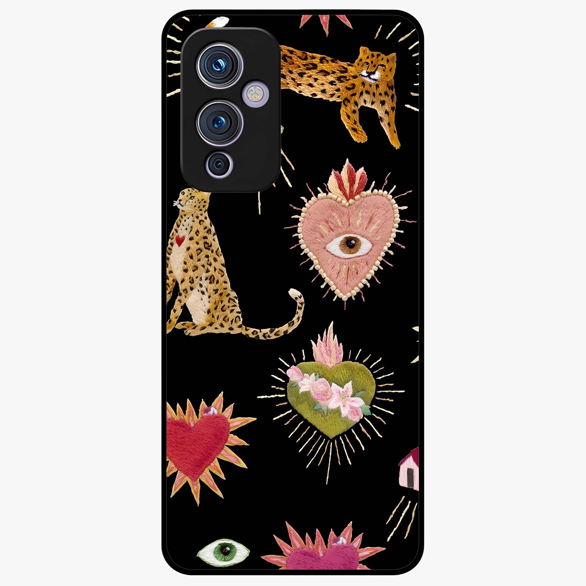 Sacred Jungle Heart Glass Case showing flat back view with jungle inspired heart artwork and glossy glass finish.