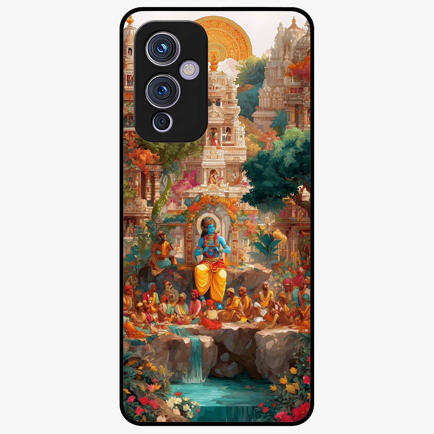 Sacred Sunlight Gods Glass Case showing flat back view with divine sunlight themed artwork and glossy glass finish.