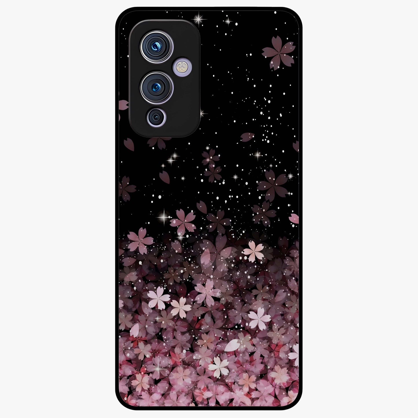 Small Starry Flowers Glass Case showing flat back view with delicate starry floral artwork and glossy glass finish.