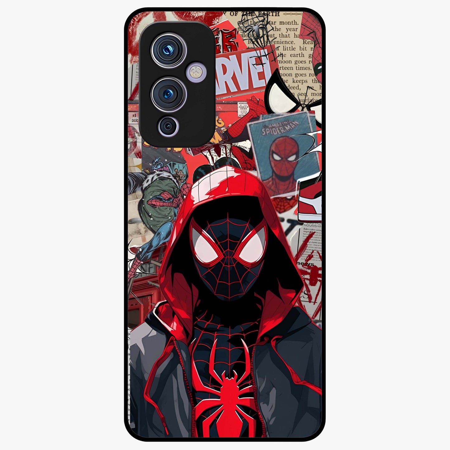 Spider Collage Street Glass Case showing flat back view with vibrant superhero collage artwork and glossy glass finish.