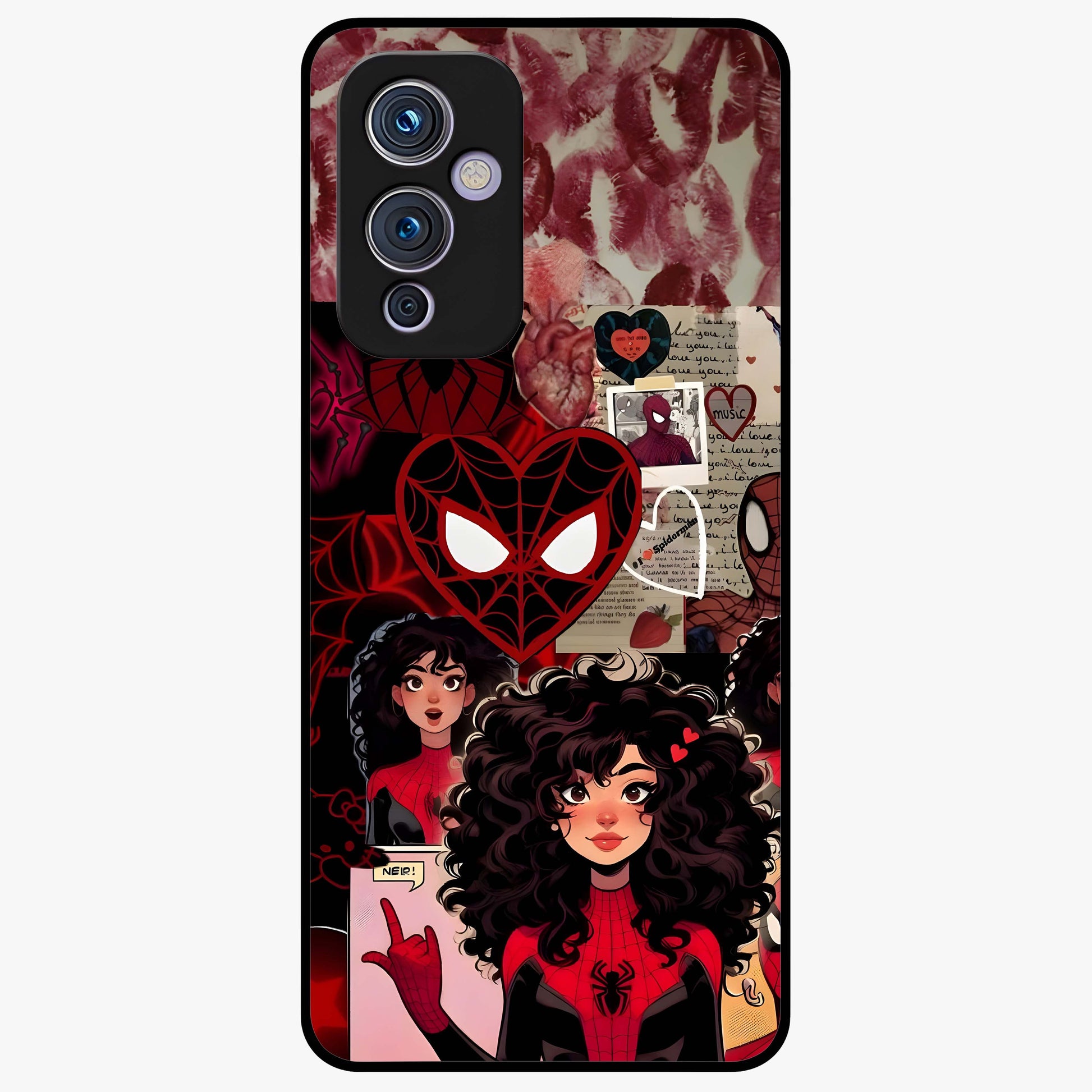 Spider Love Story Glass Case showing flat back view with romantic superhero themed artwork and glossy glass finish.