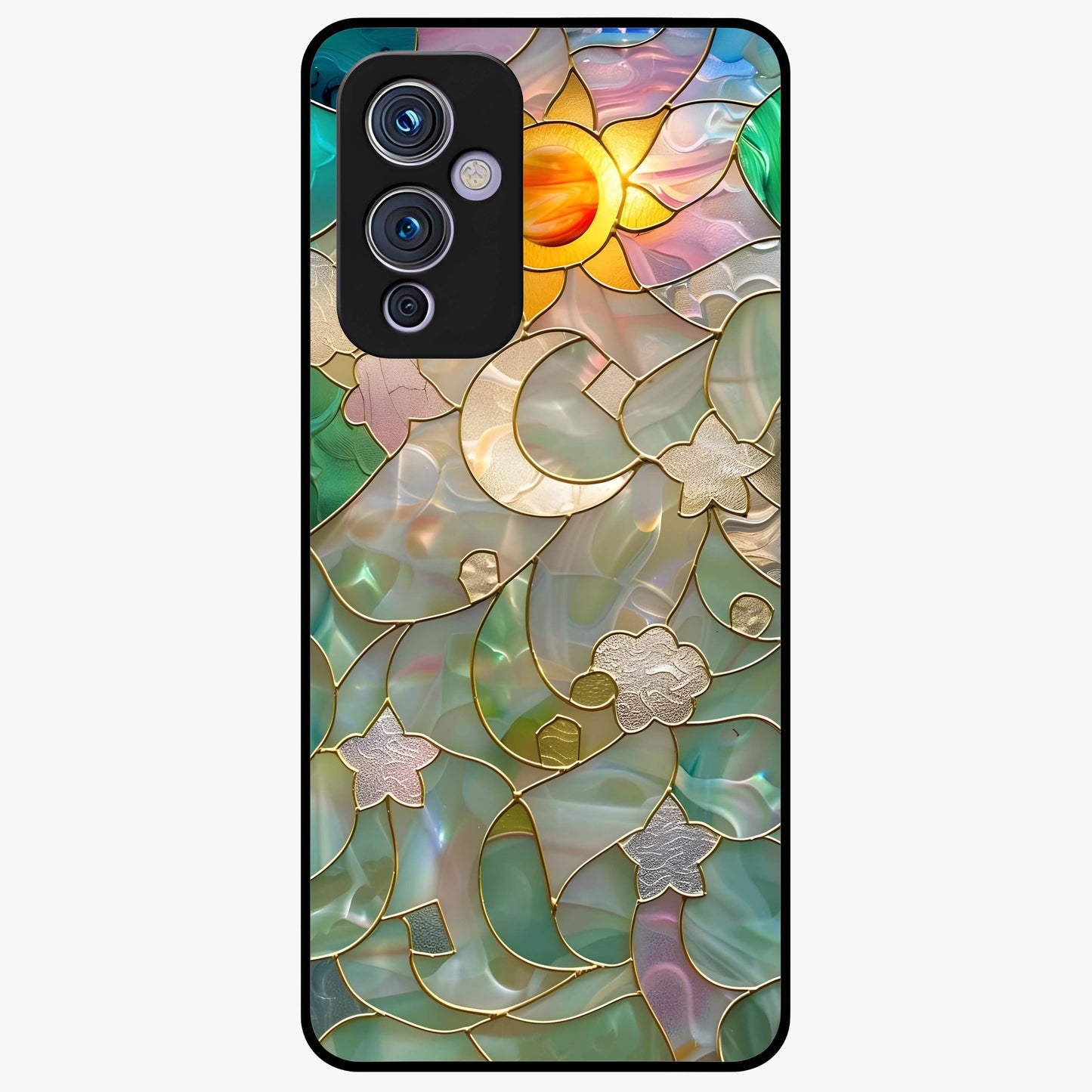 Stained Sunrise Glow Glass Case showing flat back view with glowing sunrise stained pattern artwork and glossy glass finish.