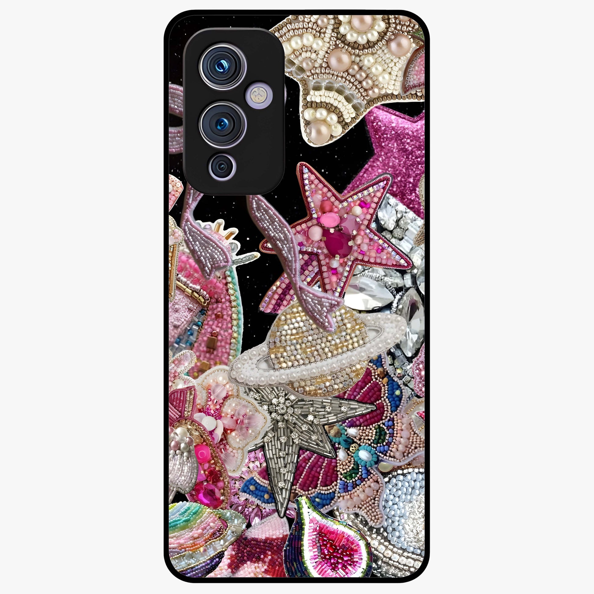 Starlit Jewel Dream Glass Case showing flat back view with sparkling jewel and star themed artwork and glossy glass finish.