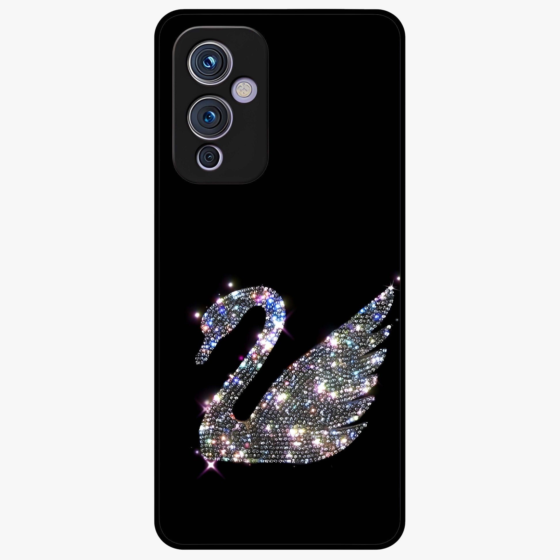 Starlit Swan Grace Glass Case showing flat back view with graceful swan artwork under starry sky and glossy glass finish.