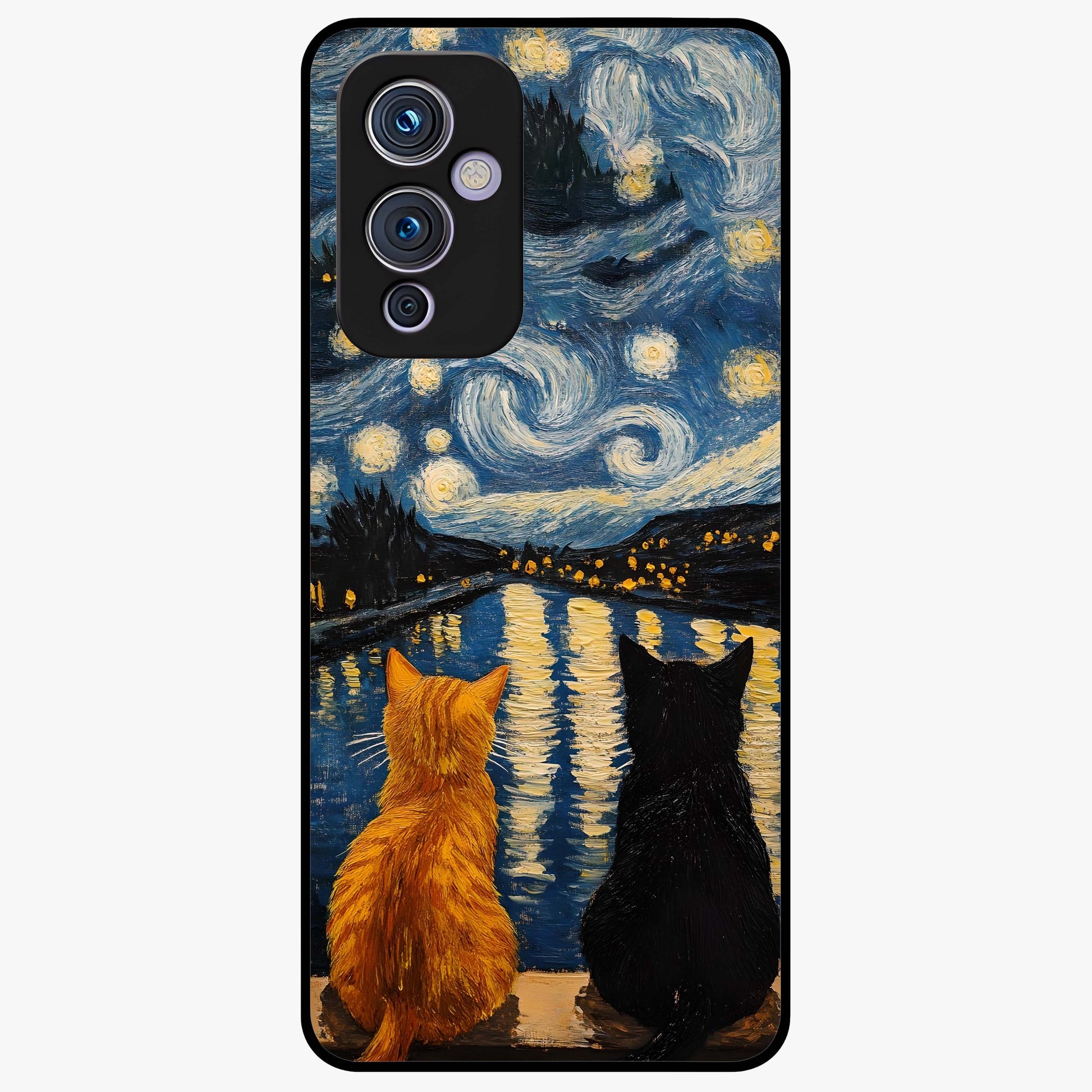 Starry River Cats Glass Case showing flat back view with cats by a starry river artwork and glossy glass finish.