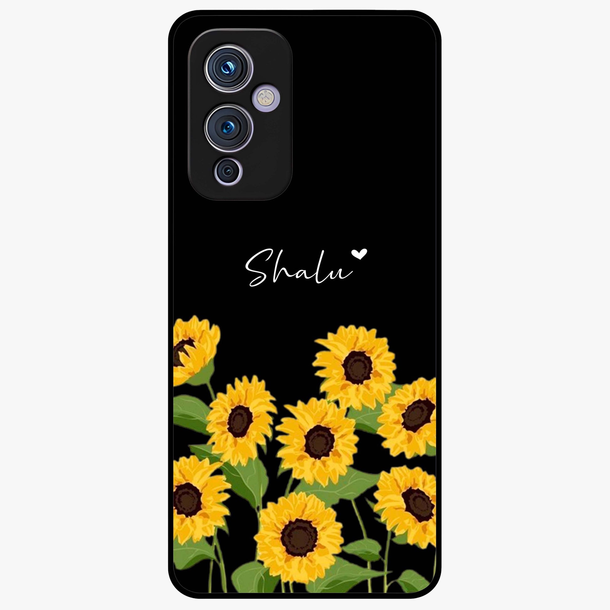 Sunflower Chic Mood Custom Name Glass Case showing flat back view with stylish sunflower artwork and personalized name design.