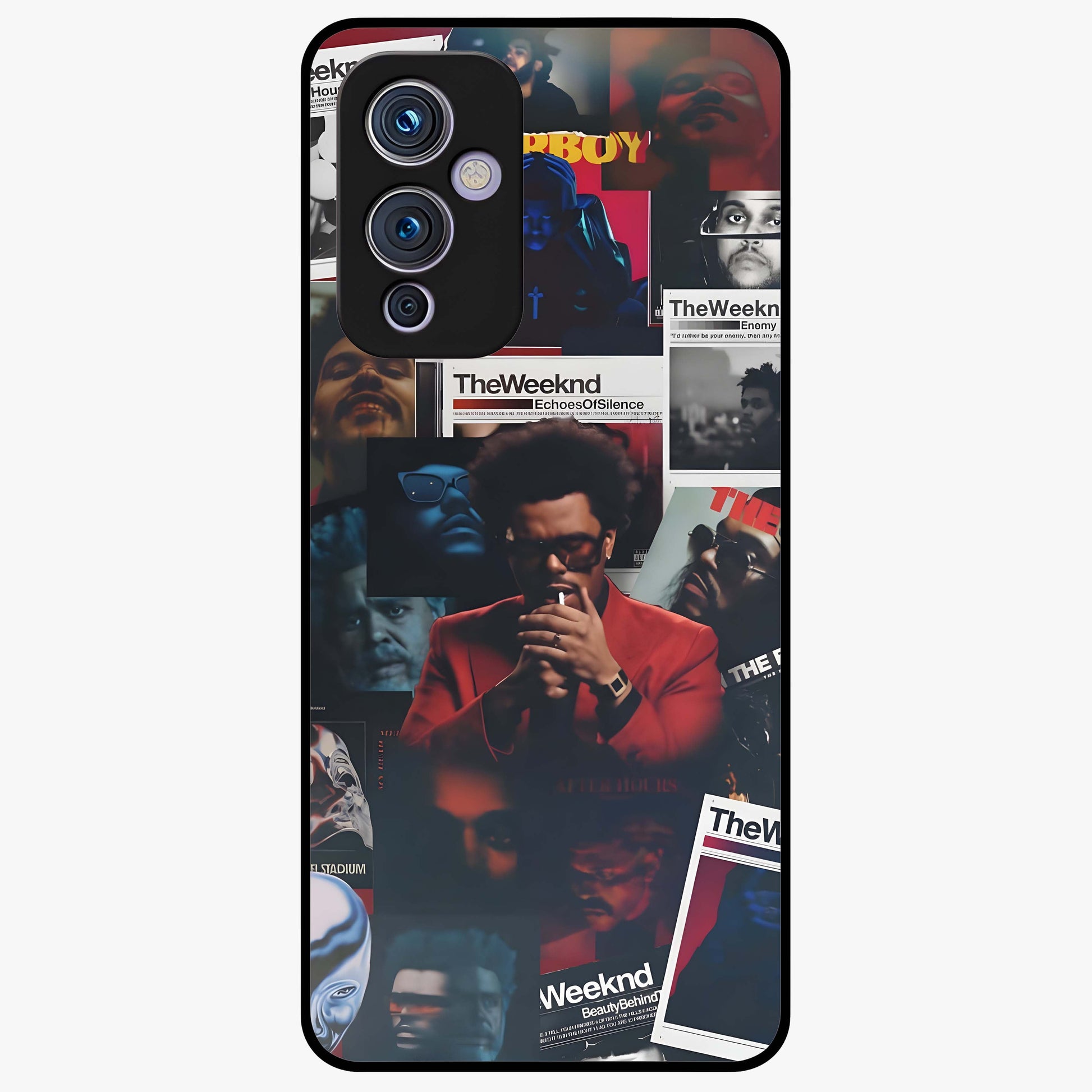 The Weeknd Glass Case showing flat back view with music inspired artistic portrait artwork and glossy glass finish.