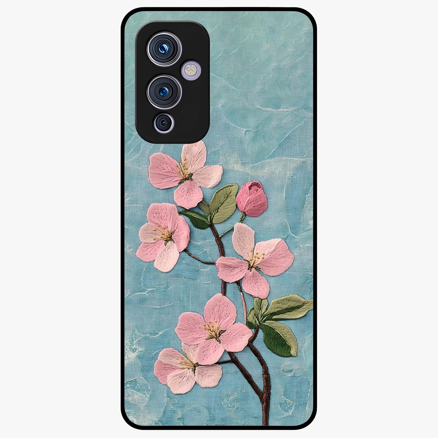 Threaded Blossom Breeze Glass Case showing flat back view with delicate blossom artwork and glossy glass finish.