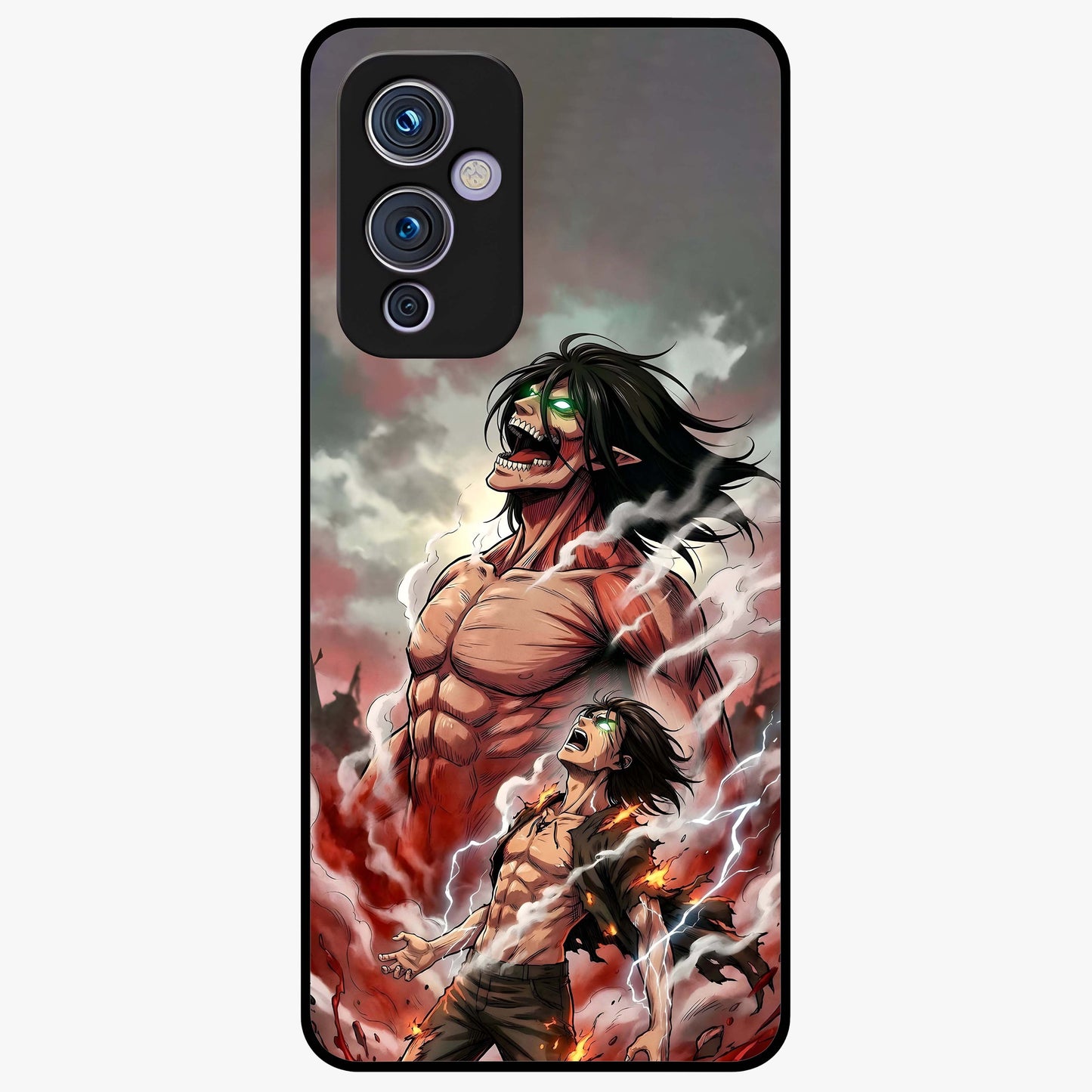 Titan Awakening Fury Glass Case showing flat back view with powerful titan inspired artwork and glossy glass finish.