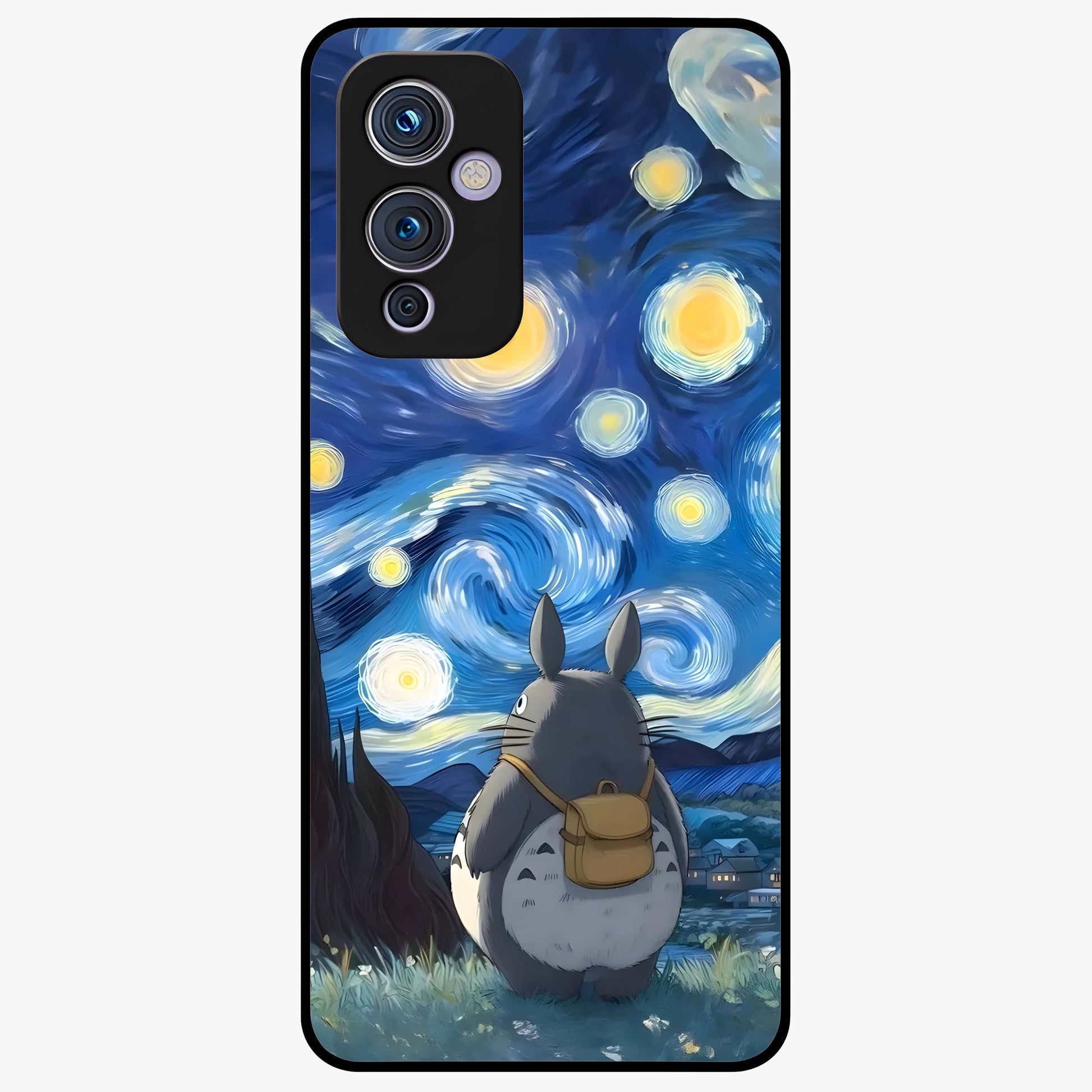 Totoro In Van Gogh Art Glass Case showing flat back view with whimsical character artwork inspired by Van Gogh style and glossy glass finish.