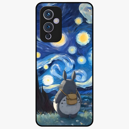 Totoro In Van Gogh Art Glass Case showing flat back view with whimsical character artwork inspired by Van Gogh style and glossy glass finish.