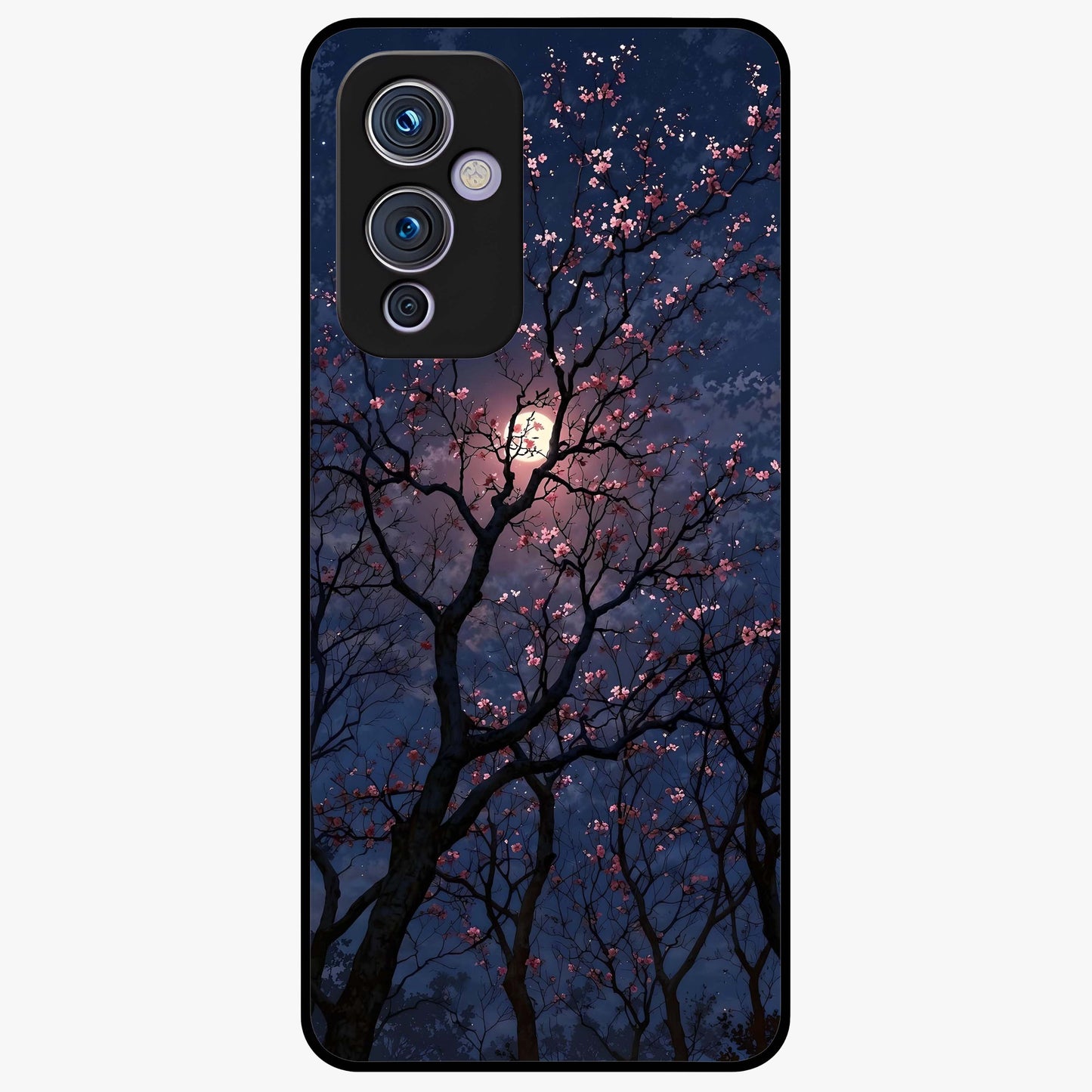 Twilight Sakura Serenade Glass Case showing flat back view with cherry blossom artwork at twilight and glossy glass finish.