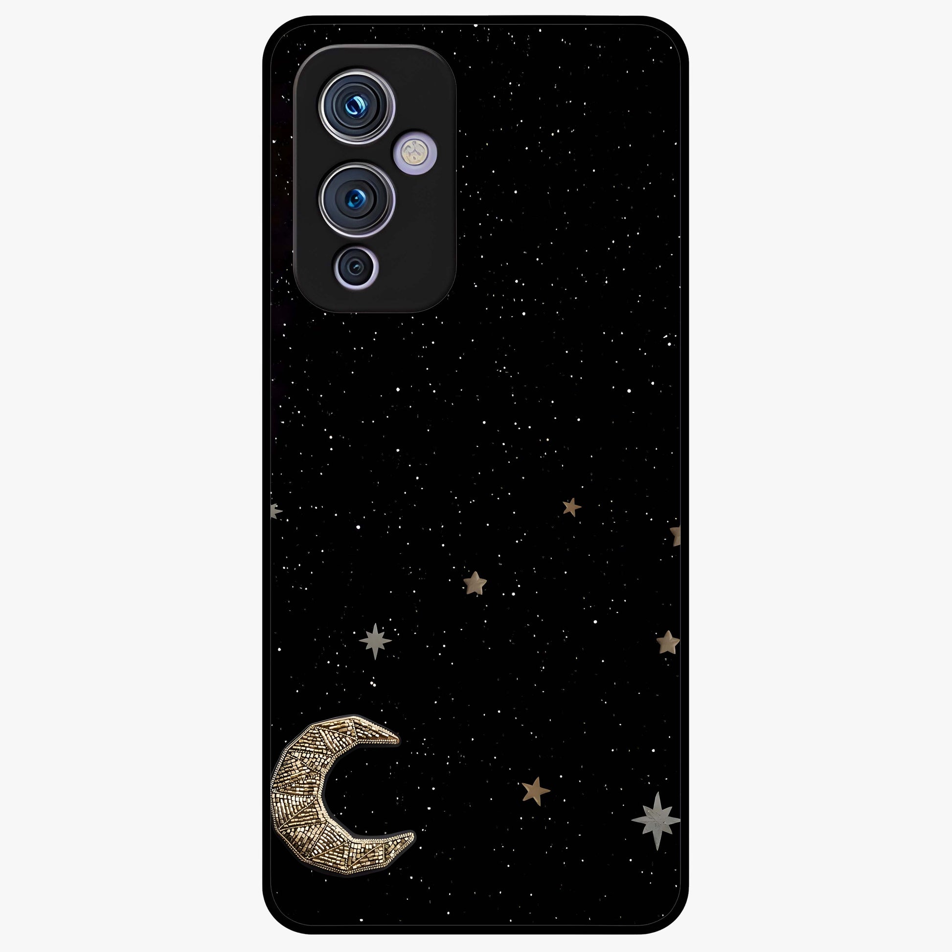 Twinkle Star With Half Moon Glass Case showing flat back view with star and half moon artwork and glossy glass finish.