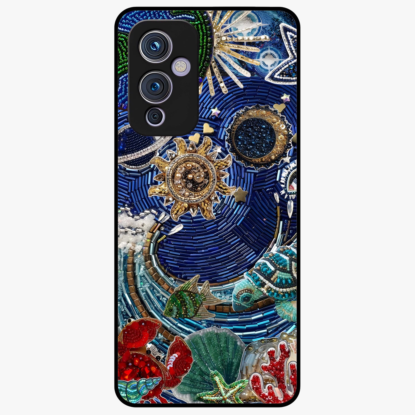 Universe Underwater Spark Glass Case showing flat back view with cosmic underwater themed artwork and glossy glass finish.