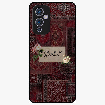 Velvet Wine Pattern Custom Name Glass Case showing flat back view with elegant wine colored pattern artwork and personalized name design.