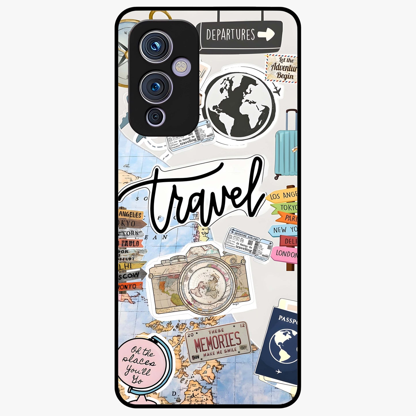 Wanderlust Journal Glass Case showing flat back view with travel inspired artwork and glossy glass finish.