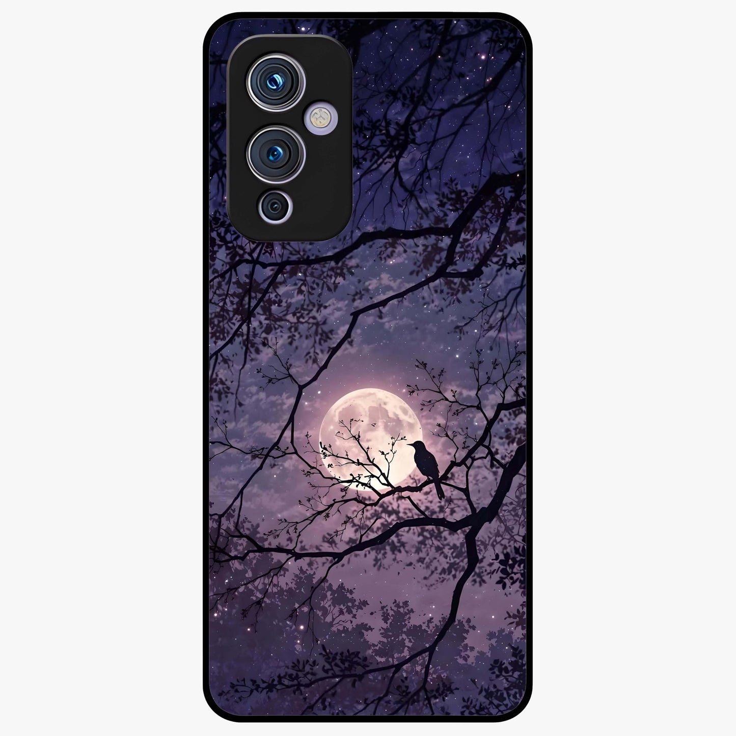 Whispering Moon Silence Glass Case showing flat back view with serene moon themed artwork and glossy glass finish.