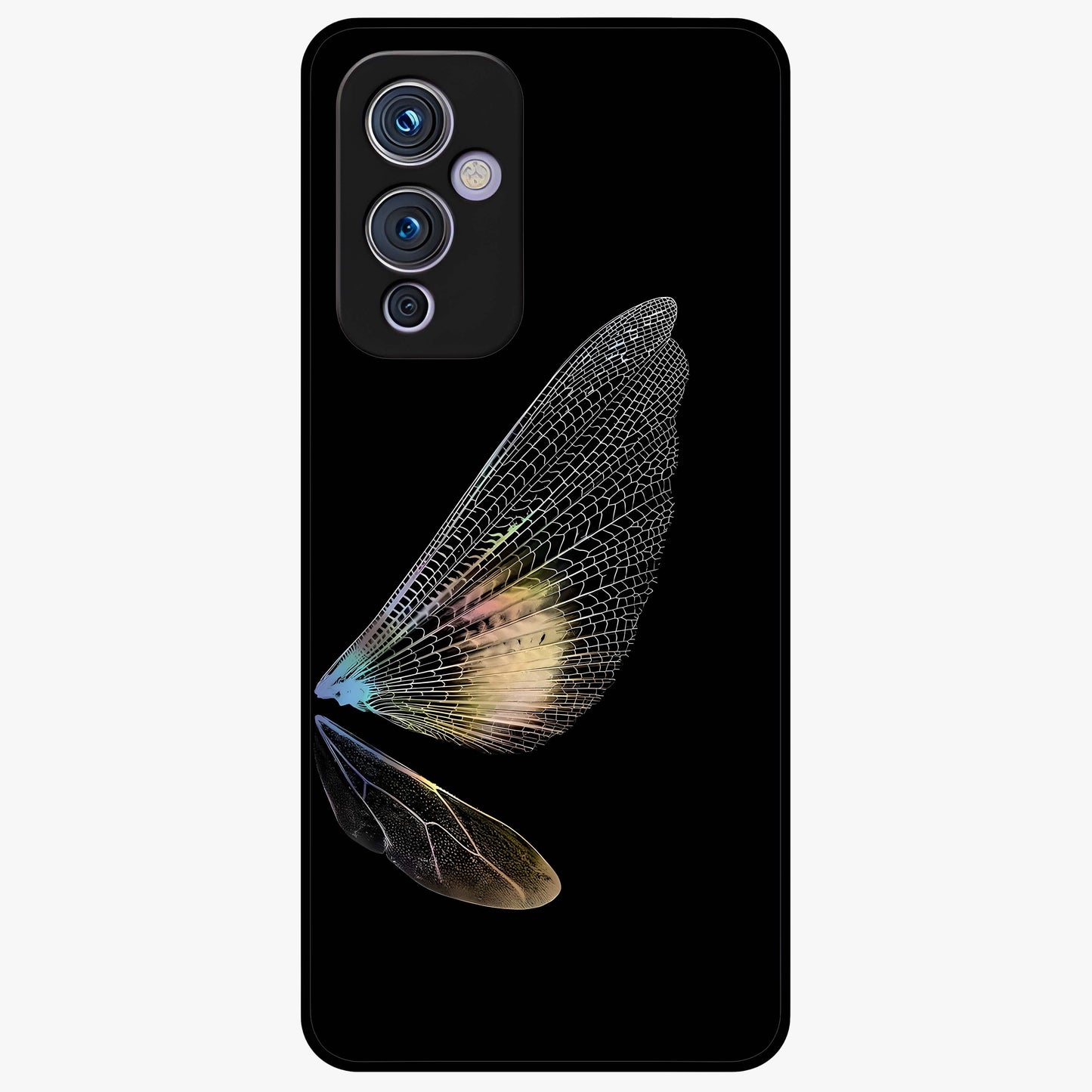 Whispers Of Wings Glass Case showing flat back view with graceful wing inspired artwork and glossy glass finish.