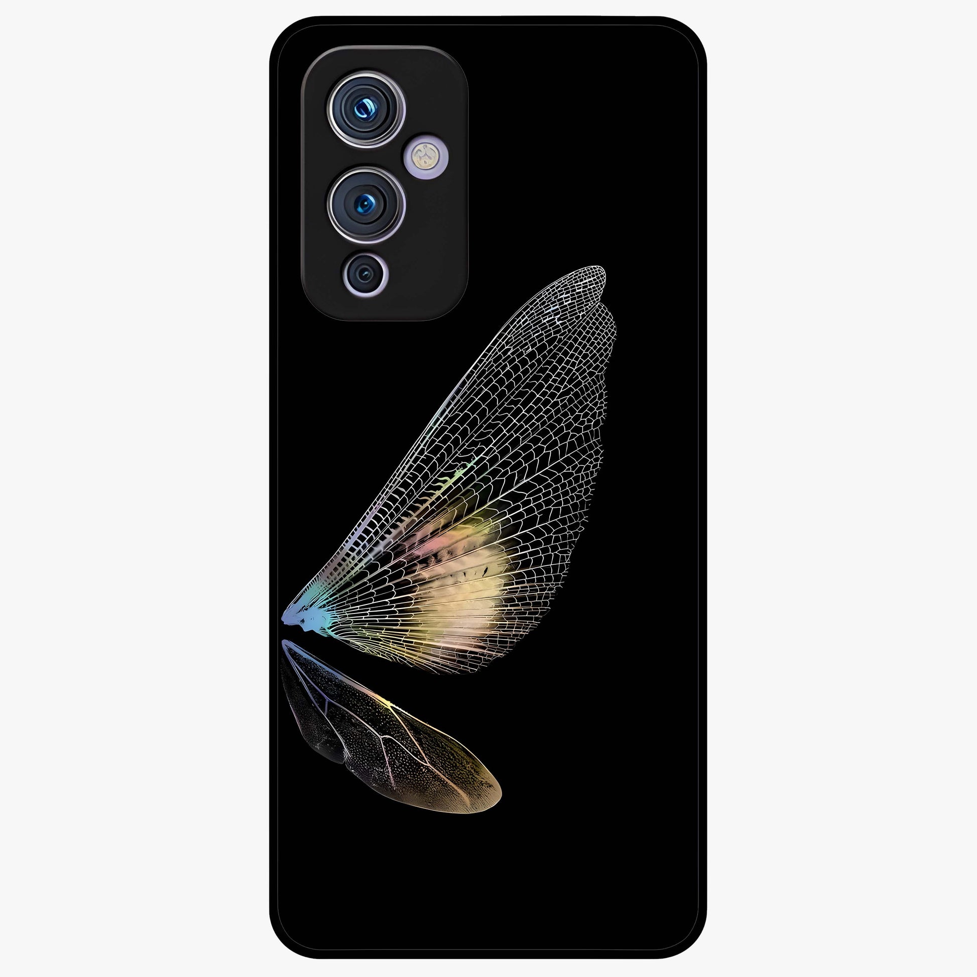 Whispers Of Wings Glass Case showing flat back view with graceful wing inspired artwork and glossy glass finish.