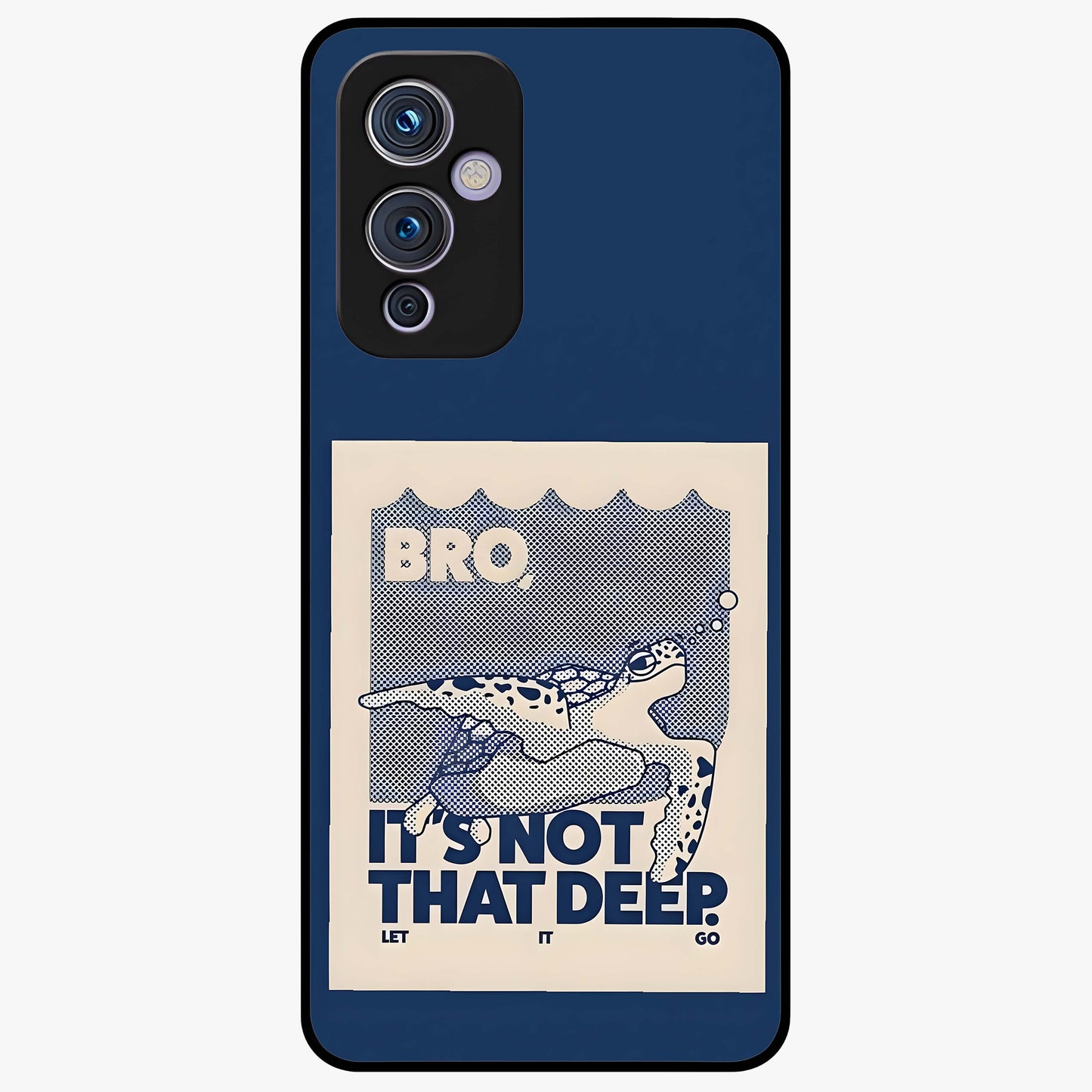 Worry Less Swim Glass Case showing flat back view with playful motivational artwork and glossy glass finish.