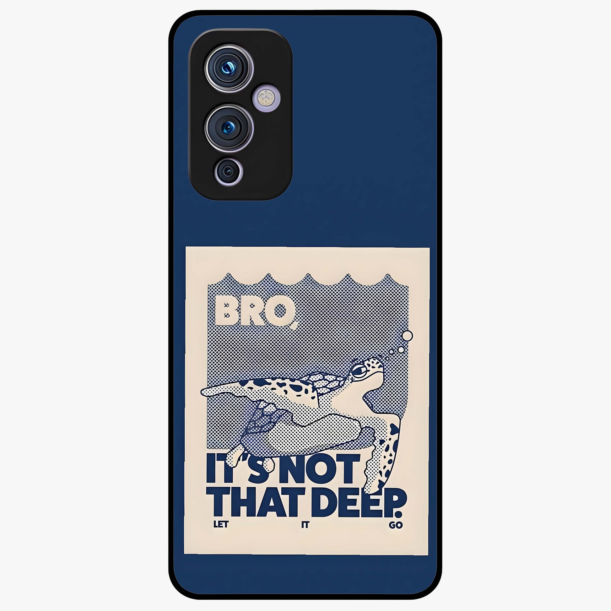 Worry Less Swim Glass Case showing flat back view with playful motivational artwork and glossy glass finish.