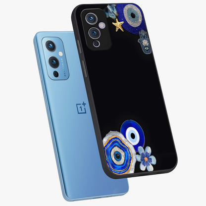 Aesthetic Blue Evil Eye Glass Case displayed in angled mockup highlighting blue evil eye symbol and spiritual aesthetic design.