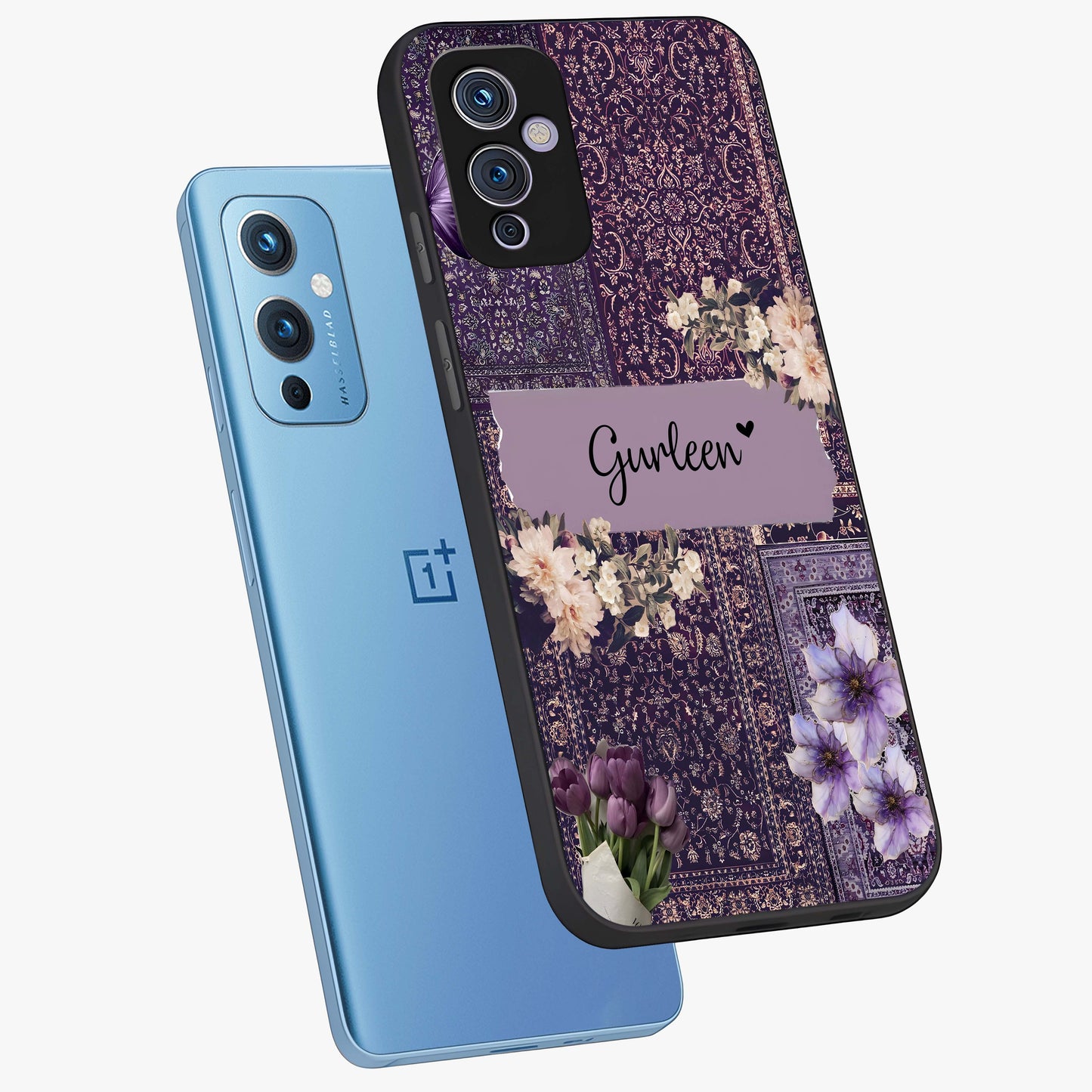 Antique Floral Whisper Custom Name Glass Case displayed in angled mockup highlighting elegant antique floral aesthetic.