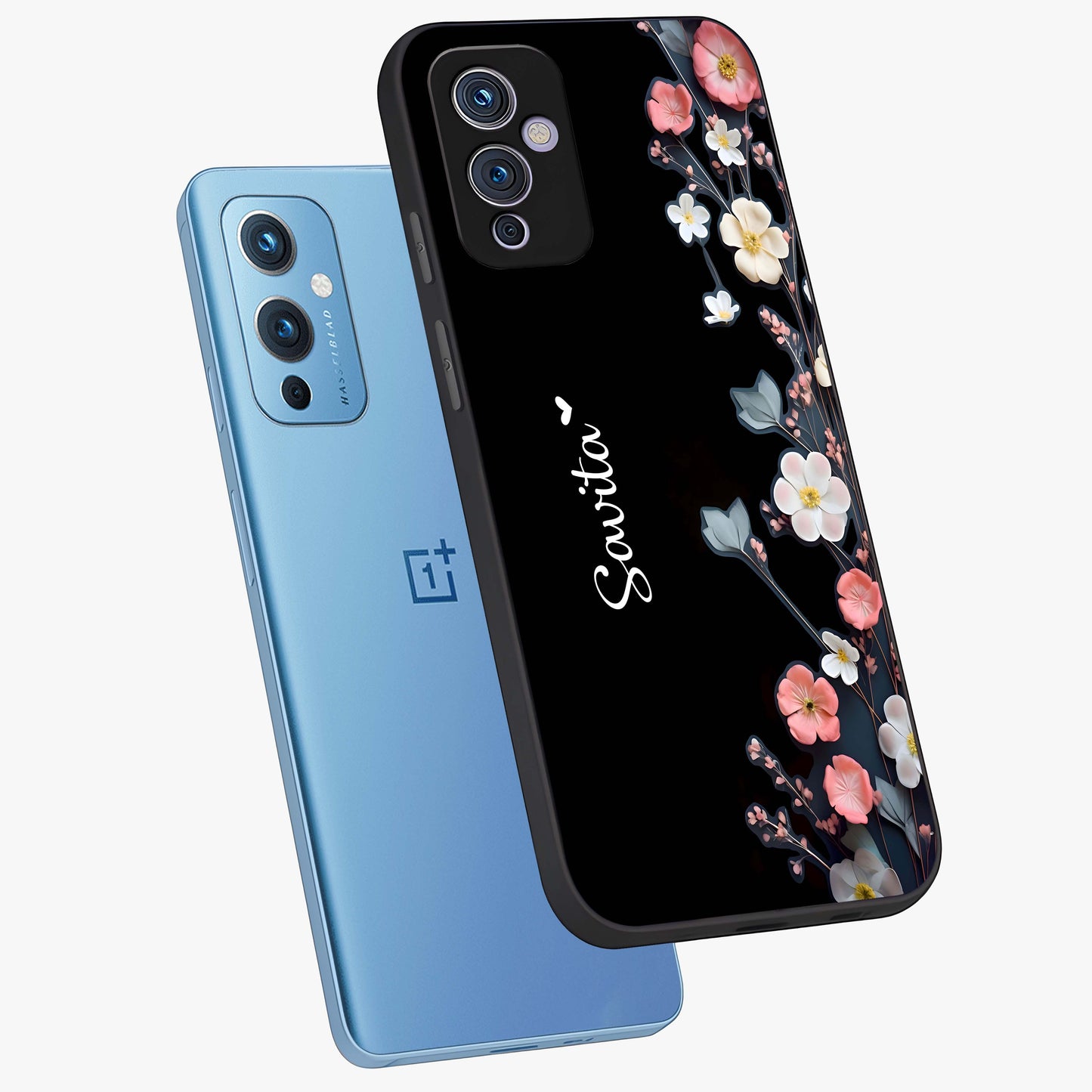 Black Elegance Floral Custom Name Glass Case displayed in angled mockup highlighting dark floral aesthetic and custom name feature.