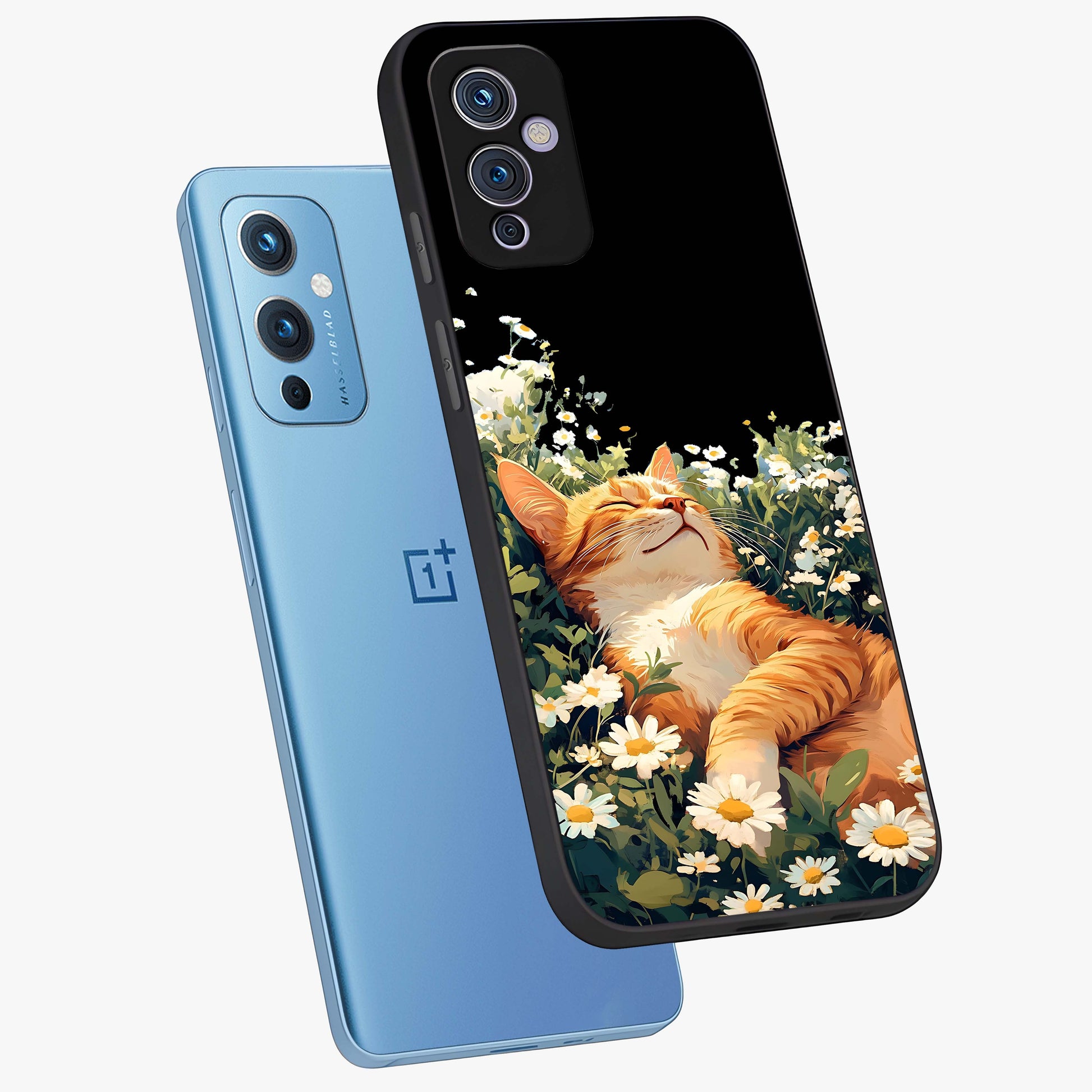 Blissful Bloom Cat Glass Case displayed in angled mockup highlighting playful feline illustration with soft floral aesthetic.