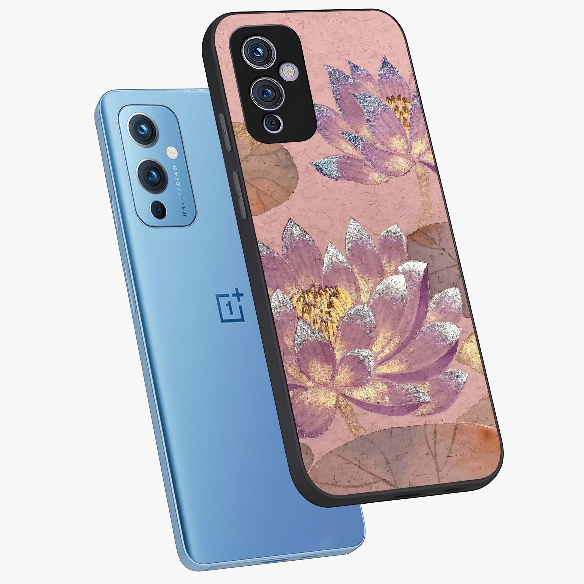 Blossom Mist Lotus Glass Case displayed in angled mockup highlighting delicate lotus illustration with calm aesthetic theme.